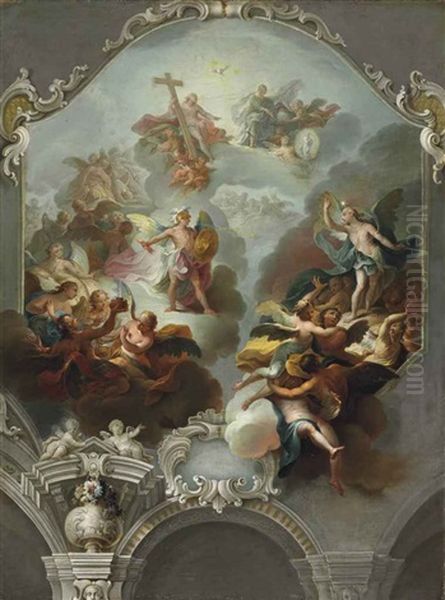 Modello For A Ceiling Painting: Lucifer And The Rebel Angels Cast Out Of Heaven Oil Painting by Josef Adam Ritter von Moelk