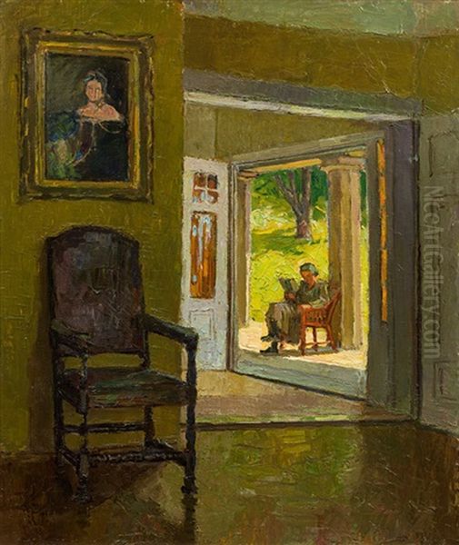 Interior Of The Villa Mahler (with Reading Lady On The Veranda) Oil Painting by Carl Moll