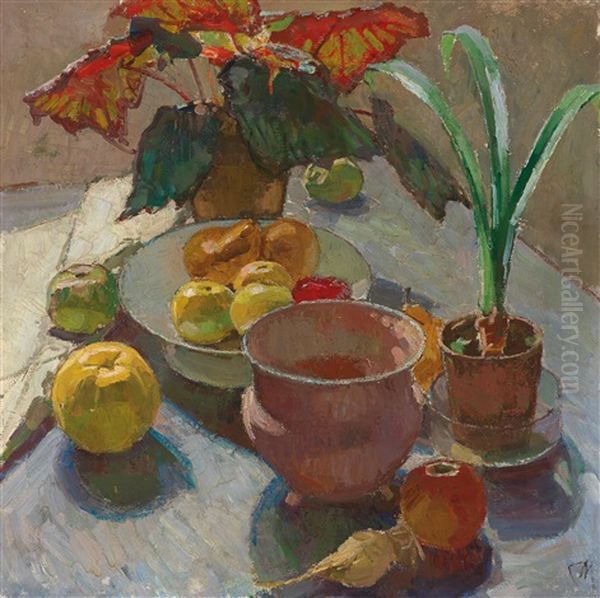 Still Life With Pots Of Flowers And Apples Oil Painting by Carl Moll