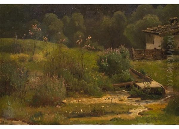 Wiesenlandschaft Mit Almhutte Oil Painting by Carl Moll