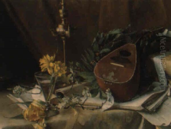 Stilleben Mit Mandoline Und Lorbeerkranz Oil Painting by Carl Moll