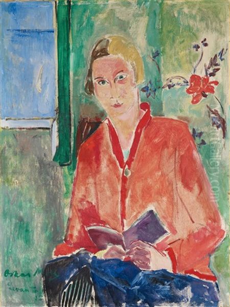 Lesende Mit Roter Jacke (bildnis Ursula Waetzoldt) Oil Painting by Oskar Moll