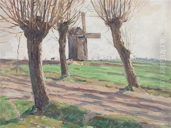 Willow Trees & Windmill Oil Painting by Oskar Moll