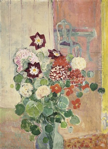 Blumenstrauss Mit Dahlien, Kresse Und Weissem Stuhl Oil Painting by Oskar Moll