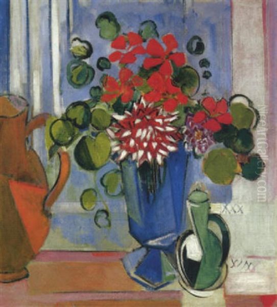 Blaue Kristallvase Mit Dahlen Und Kresse Oil Painting by Oskar Moll