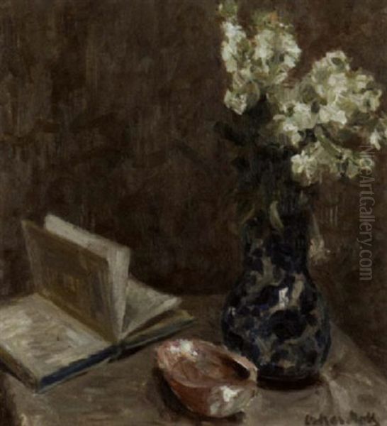 Stillleben Mit Ausgeschlagenem Buch Und Blumenvase Oil Painting by Oskar Moll