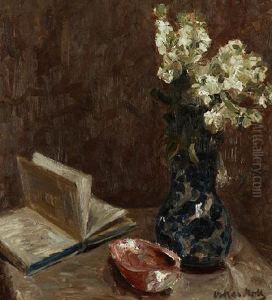 Stilleben Mit Aufgeschlagenem Buch Und Blumenvase Oil Painting by Oskar Moll