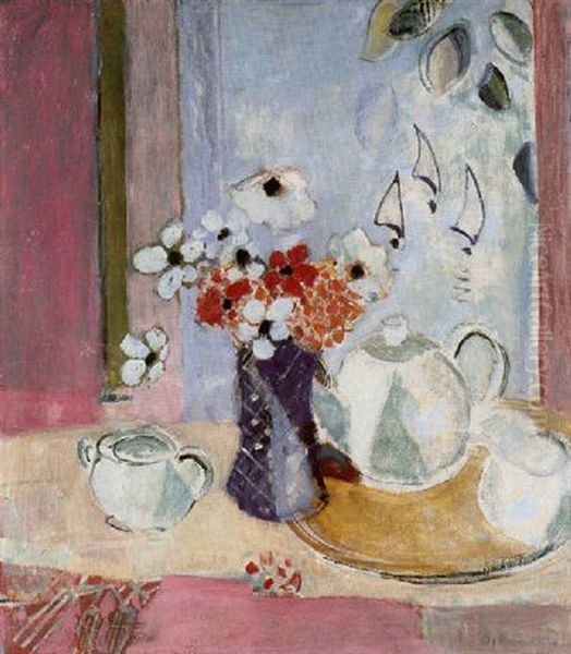 Stilleben Mit Teeservice Und Anemonen Oil Painting by Oskar Moll