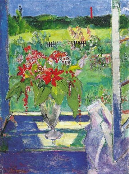 Blumenstraus Mit Fensterausblick Auf Garten, Feld Und Roten Schornstein Oil Painting by Oskar Moll