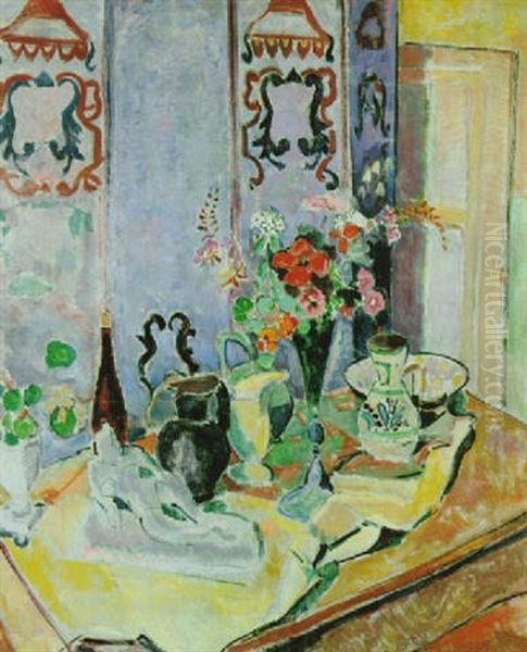 Stilleben Mit Matisse-plastik, Blumenvasen Und Wandschirm Oil Painting by Oskar Moll