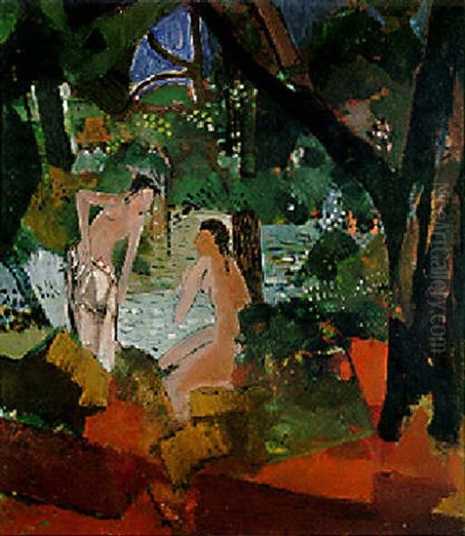 Zwei Frauen Am Fluss Oil Painting by Oskar Moll