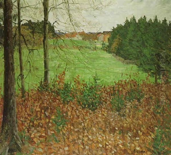 Herbstliche Waldlandschaft Mit Dorf Oil Painting by Oskar Moll