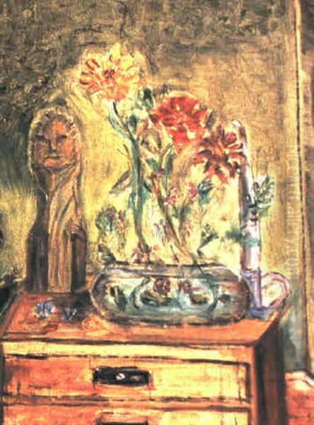 Stilleben Mit Einer Vase Von Blumen, Kerzenhalter Und Statuette by Oskar Moll