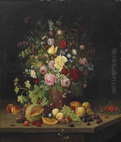 An Abundant Still Life Of Flowers And Fruits Oil Painting by Christian Juel Moellback