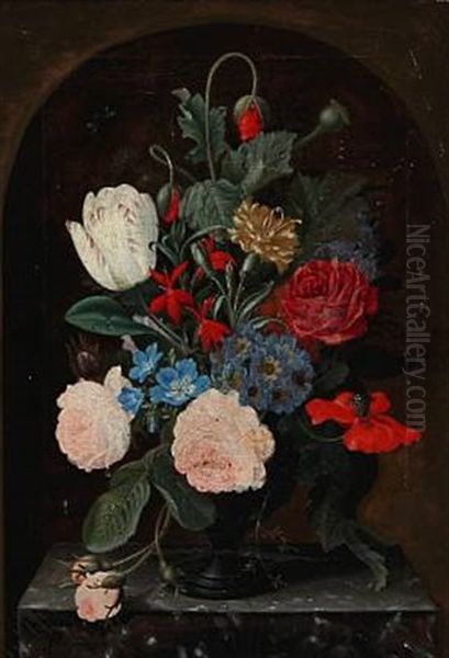 Flower Bouquet In A Vase On A Stone Sill Oil Painting by Christian Juel Moellback