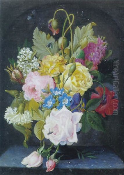 Opstilling Med Roser, Nelliker Og Valmuer I En Vase Oil Painting by Christian Juel Moellback