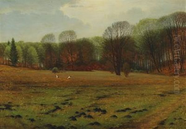 Storks In The Field Oil Painting by Carl Henrik Koch Moller