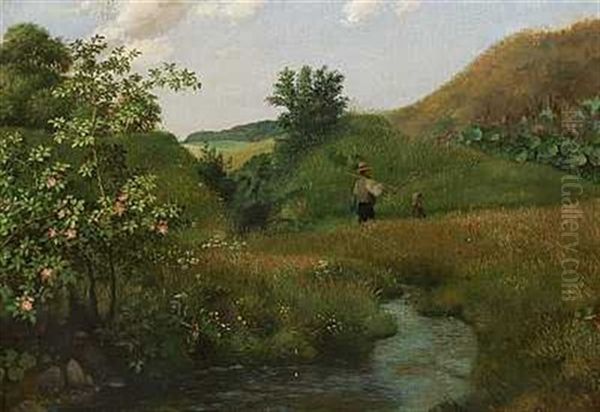 Far Og Datter I Et Sommerlandskab Oil Painting by Carl Henrik Koch Moller