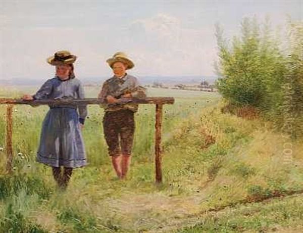 To Born Ved Et Hegn I Tune Oil Painting by Carl Henrik Koch Moller