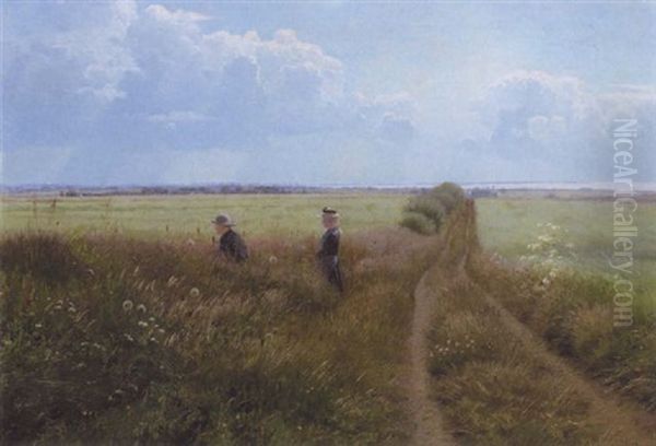 Markvej. Fra Egnen Ved Tune Landboskole. Born, Der Plukker Blomster Pa Engen Oil Painting by Carl Henrik Koch Moller