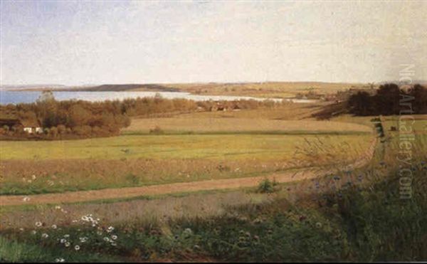 Blomstrende Sommereng, Udsigt Over Landskab Ved Silkeborg, I Baggrunden Huse Og Molle Oil Painting by Carl Henrik Koch Moller