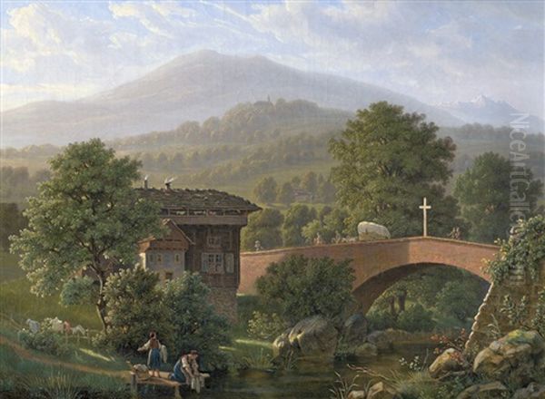 Idyllische Sommerlandschaft (bei Sarnen?) In Der Schweiz Oil Painting by Jens Peter (I.P.) Moeller