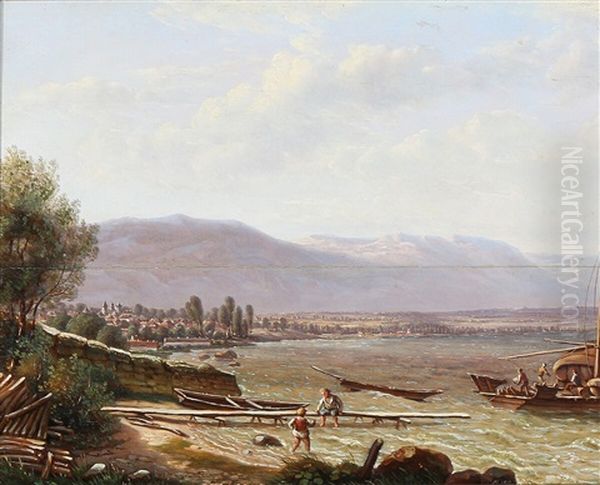 Mountainous Coastal Scene With A Boat Being Loaded With Goods Oil Painting by Jens Peter (I.P.) Moeller