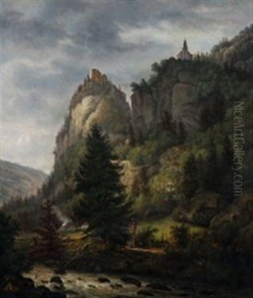 Mountainous Landscape With A Ruin, A Church And People Oil Painting by Jens Peter (I.P.) Moeller