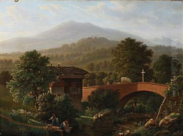 Mountain Landscape With Persons On A Bridge Oil Painting by Jens Peter (I.P.) Moeller