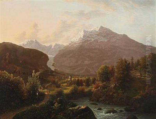 The View Over Grindewald In Switzerland Oil Painting by Jens Peter (I.P.) Moeller