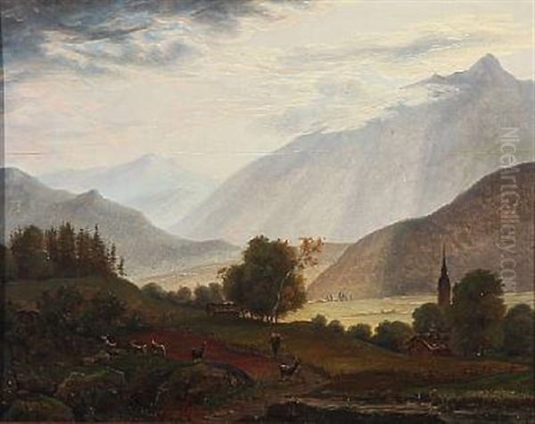 Mountain Landscape From Switzerland. The Sun Breaks Through The Clouds Oil Painting by Jens Peter (I.P.) Moeller