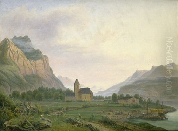 Schweizer Gebirgslandschaft An Einem Flus Mit Kleiner Kirche Oil Painting by Jens Peter (I.P.) Moeller