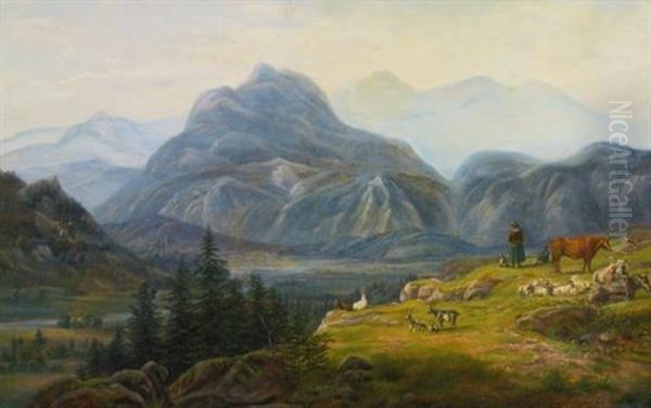 View From Giesbach At The Lake Of Brinzer With Interlaken And The Jura Mountains (parti Fra Giesbach Ved Brinzersoen, Udsigt Mod Interlaken Og Jura Bjergene) Oil Painting by Jens Peter (I.P.) Moeller