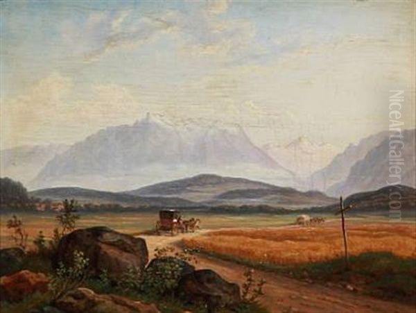 Southern German Mountain Landscape With Horse Carriages On The Road Oil Painting by Jens Peter (I.P.) Moeller