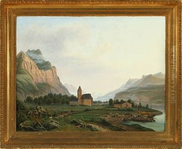 Landscape With Mountains And Church Oil Painting by Jens Peter (I.P.) Moeller