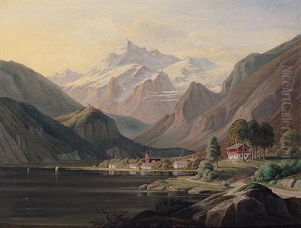 Schweizer Gebirgslandschaft Mit See Und Kirchdorf Oil Painting by Jens Peter (I.P.) Moeller