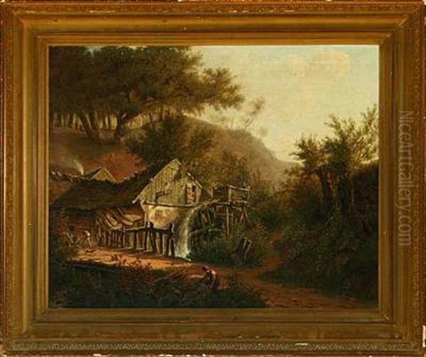 Haraldsborg Watermill At Roeskilde Oil Painting by Jens Peter (I.P.) Moeller