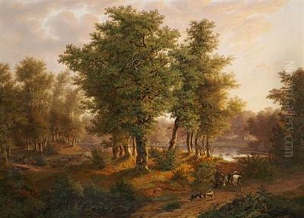 Skovpartie, Motiveret Efter Et Partie Ved Bregentved, Kaldet Undemose, Hvor, Efter Sagnet, Gamle Bregentveds Hovedbygning Har Staaet. Eftermiddags-belysning Oil Painting by Jens Peter (I.P.) Moeller