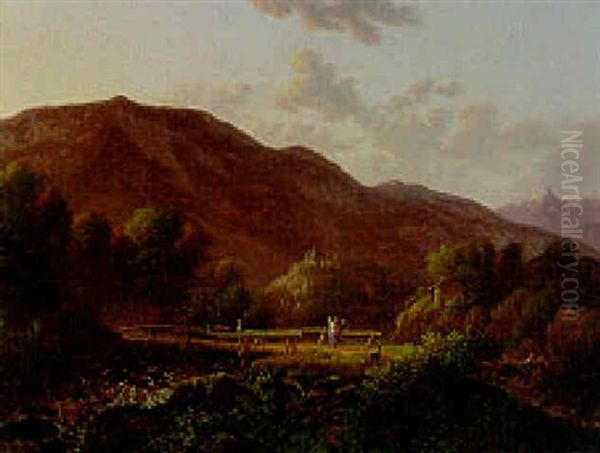 Countryfolk Crossing A River In A Mountainous Alpine Landscape, With A Castle Beyond Oil Painting by Jens Peter (I.P.) Moeller