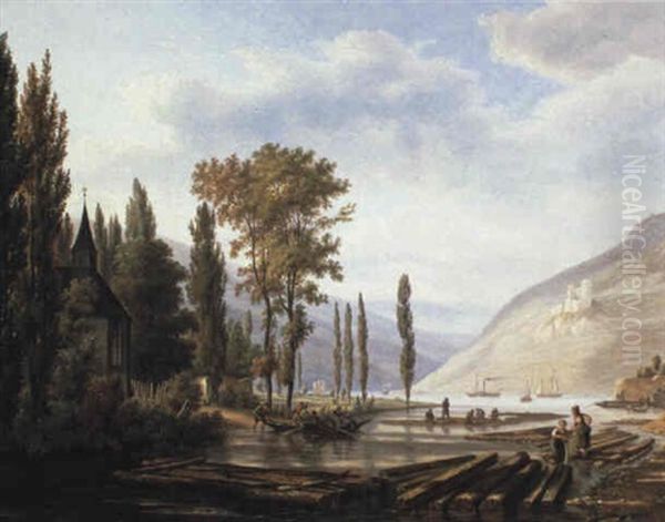 View Near Bingen Of The Confluence Of The Nahe And The Rhine, Germany Oil Painting by Jens Peter (I.P.) Moeller