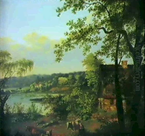 Sommerlandskab Med Malkepige Ved Strataekt Hus, I Baggrunden Hvidkalket Herregard Naer En So Oil Painting by Jens Peter (I.P.) Moeller