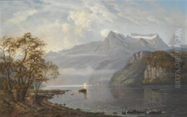 View Of The Vierwaldstattersee Oil Painting by Jorgen Hendrick Moller