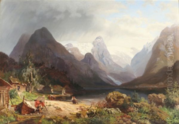 Fjordlandskap Med Isbre Oil Painting by Niels Bjornsen Moller