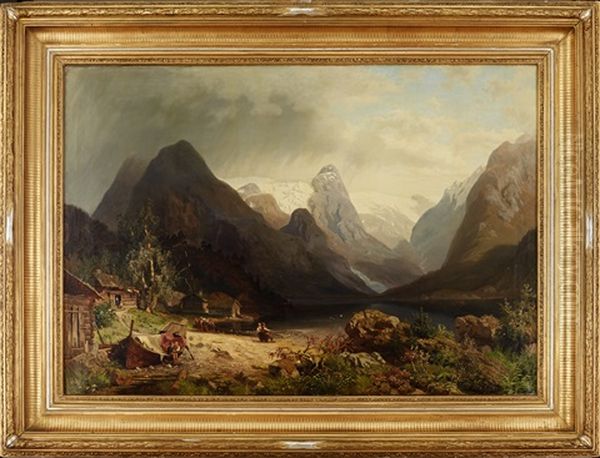 Norskt Fjordlandskap Oil Painting by Niels Bjornsen Moller