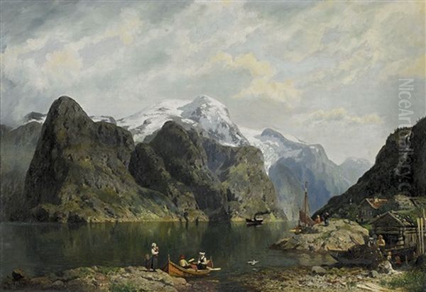 Fiord And Figures With Boats Oil Painting by Niels Bjornsen Moller