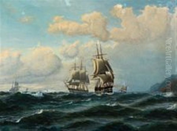 Marine With Lively Traffic Along A Mountainous Coast Oil Painting by Thorvald Christian Benjamin Moller