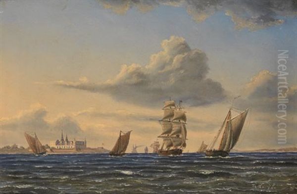 Segelschiffe Im Sund Vor Schlos Kronborg Oil Painting by Thorvald Christian Benjamin Moller