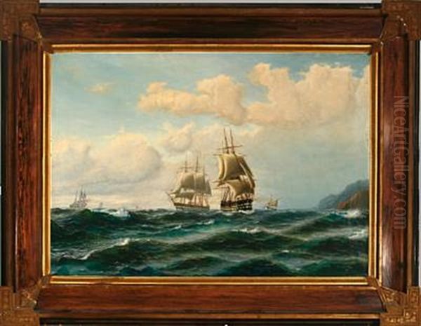 Marine With Lively Traffic Along A Mountainous Coast Oil Painting by Thorvald Christian Benjamin Moller