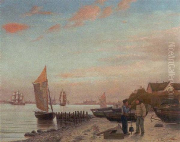 Fiskere Pa Stranden Ved Optrukne Bade Med Udsigt Til Kronborg Oil Painting by Thorvald Christian Benjamin Moller