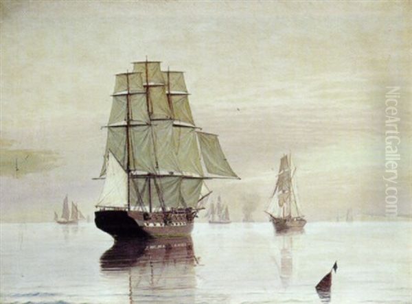 Marine Med Sejlskibe, Stille Vejr (fra Dover?) Oil Painting by Thorvald Christian Benjamin Moller